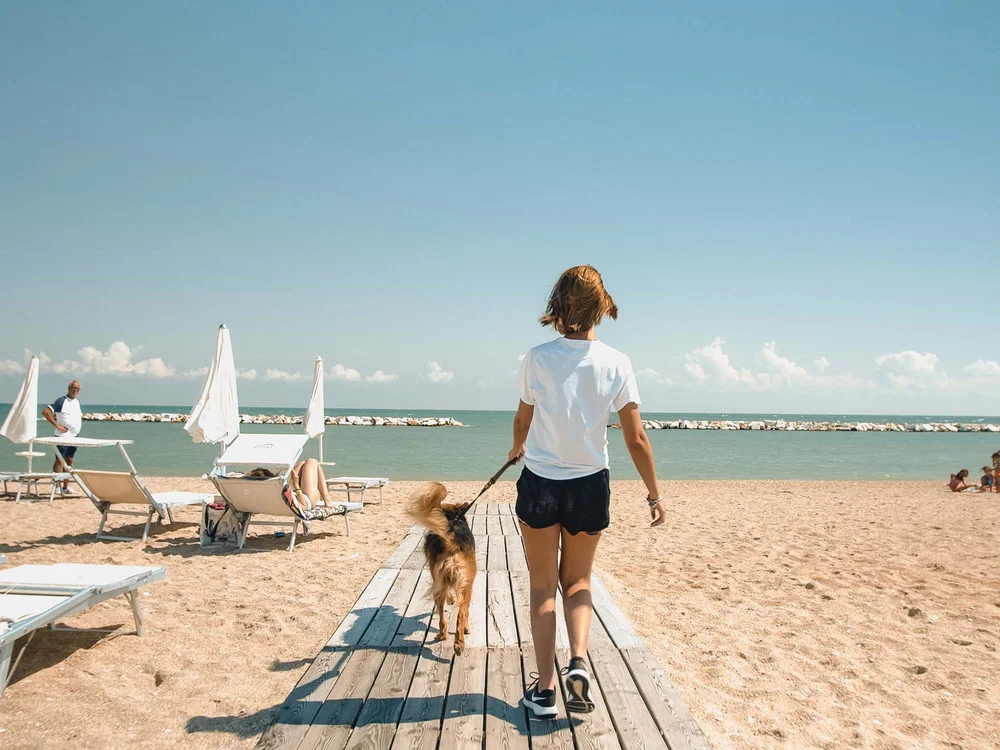 Un resort sul Conero con spiaggia privata Persona che cammina con un cane su passerella di legno sulla spiaggia