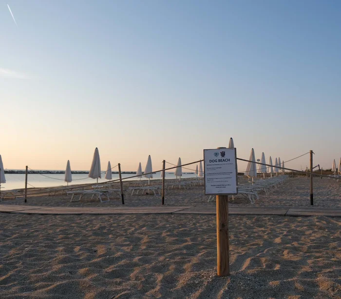 Riviera del Conero: le spiagge più belle Spiaggia con ombrelloni chiusi e cartello che indica zona per cani