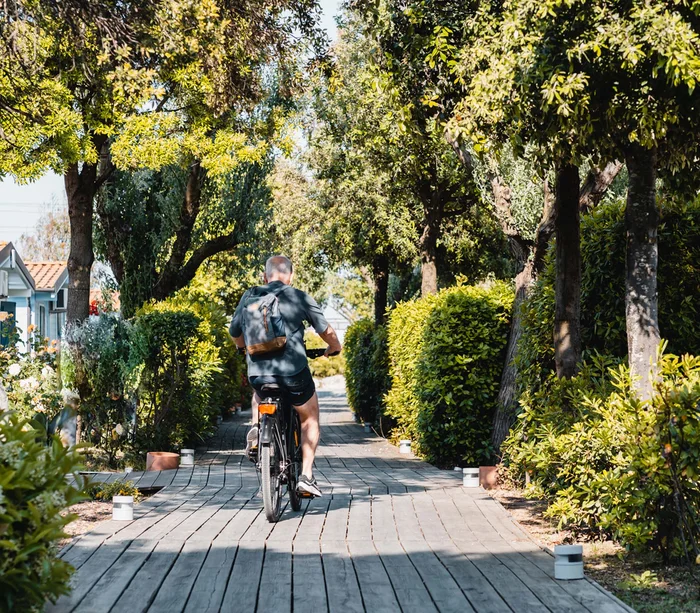 Una vacanza al mare sul Conero Uomo anziano in bicicletta su sentiero alberato in una giornata di sole