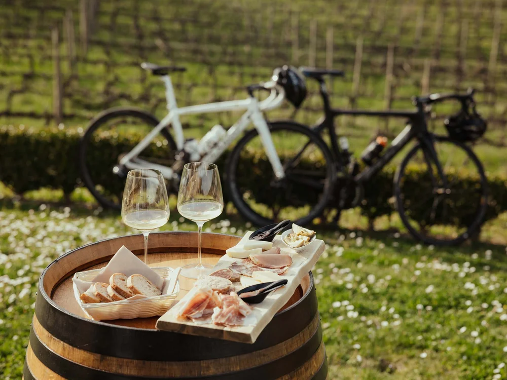 Le migliori cantine delle Marche Vino bianco, tagliere di salumi e pane su botte all'aperto con due bici