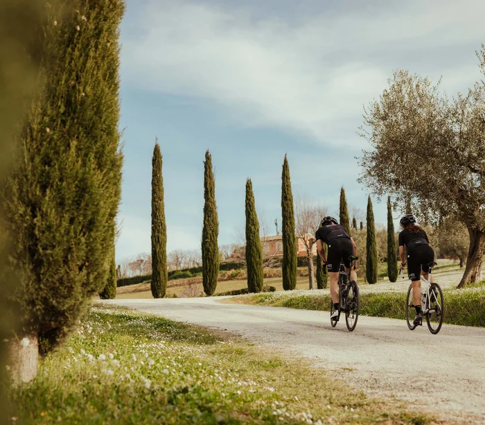 Una vacanza nelle Marche: terra di emozioni Due ciclisti su strada in campagna con cipressi e ulivi intorno